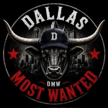 Circular Dallas Most Wanted emblem: a longhorn bull in a D cap over the Dallas skyline, DMW beneath